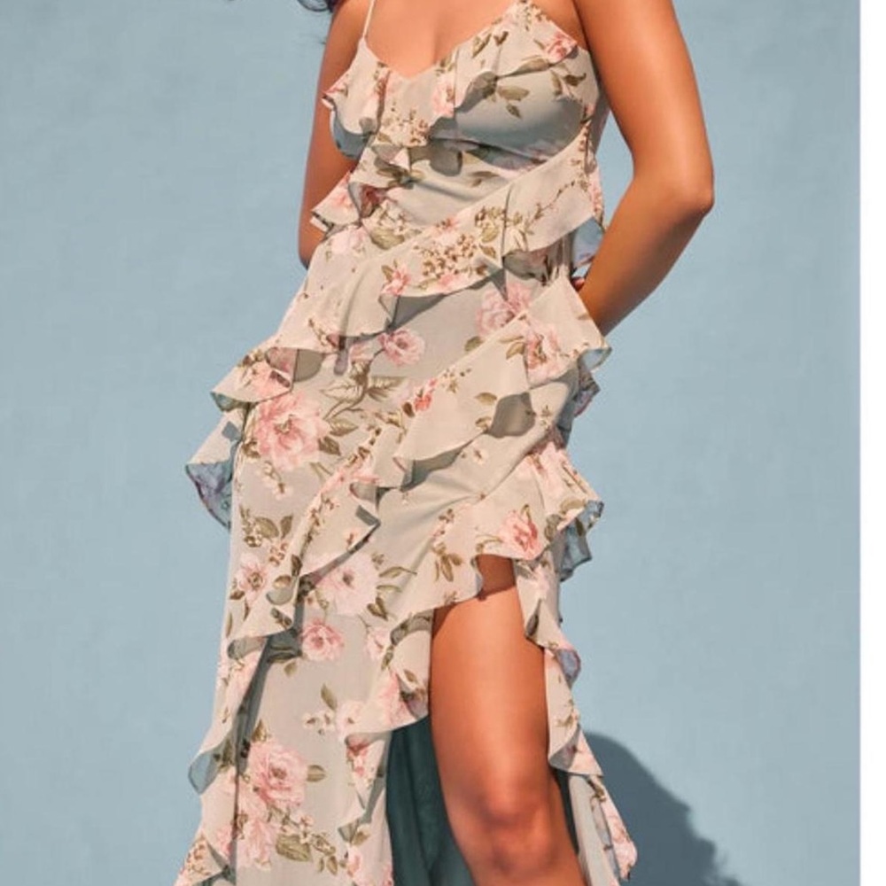 Floral ruffle maxi dress with slit